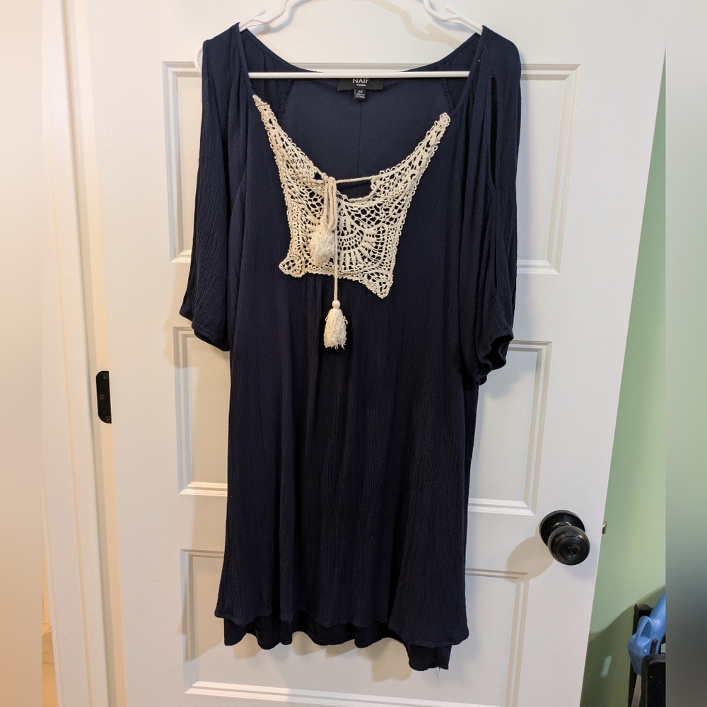 🔴 3/$15 NAIF Navy dress with Cream Crochet Yoke and Tassel Detail